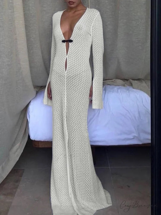 Crochet Lace Graceful Long Sleeve Blouse White / S