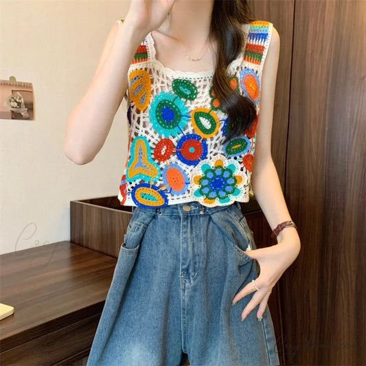 Crochet Multicolor Embroidery Floral Crop Top APRICOT / One Size croptop-250126