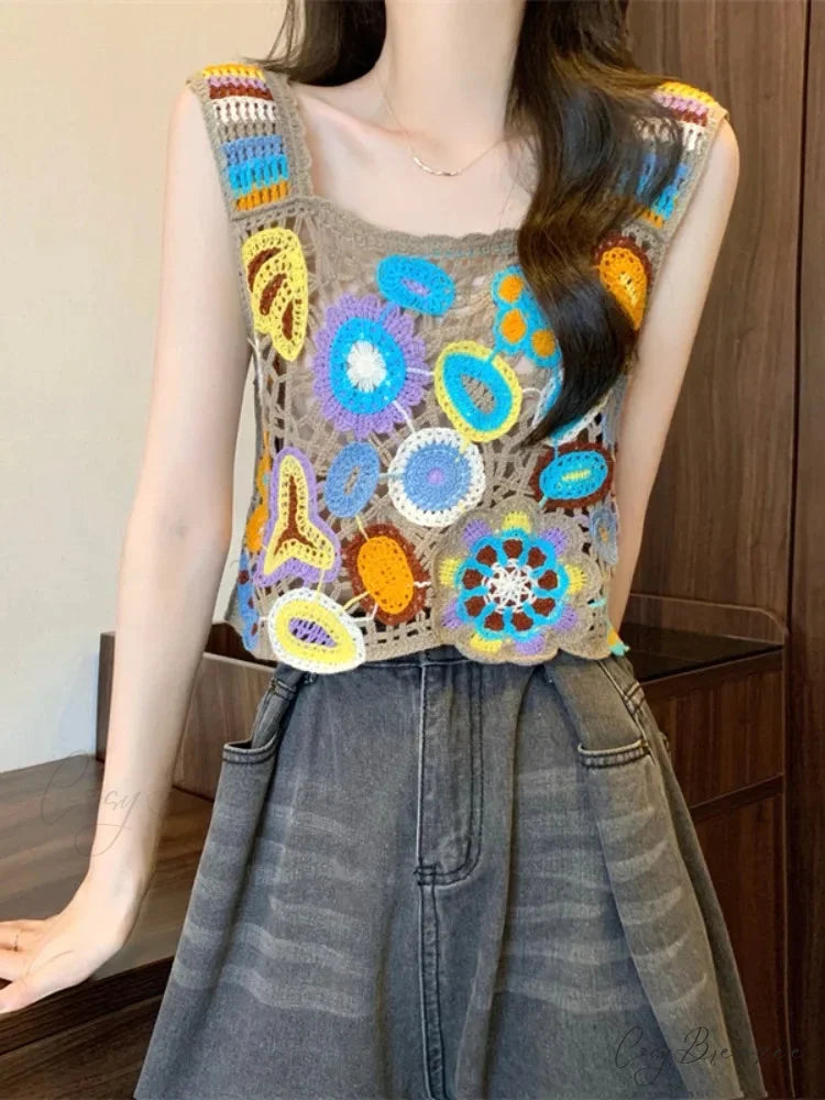Crochet Multicolor Embroidery Floral Crop Top Coffee / One Size croptop-250126