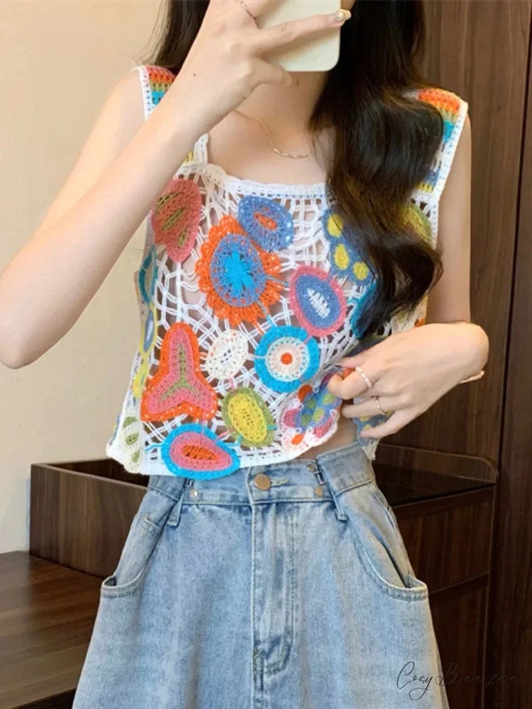 Crochet Multicolor Embroidery Floral Crop Top croptop-250126