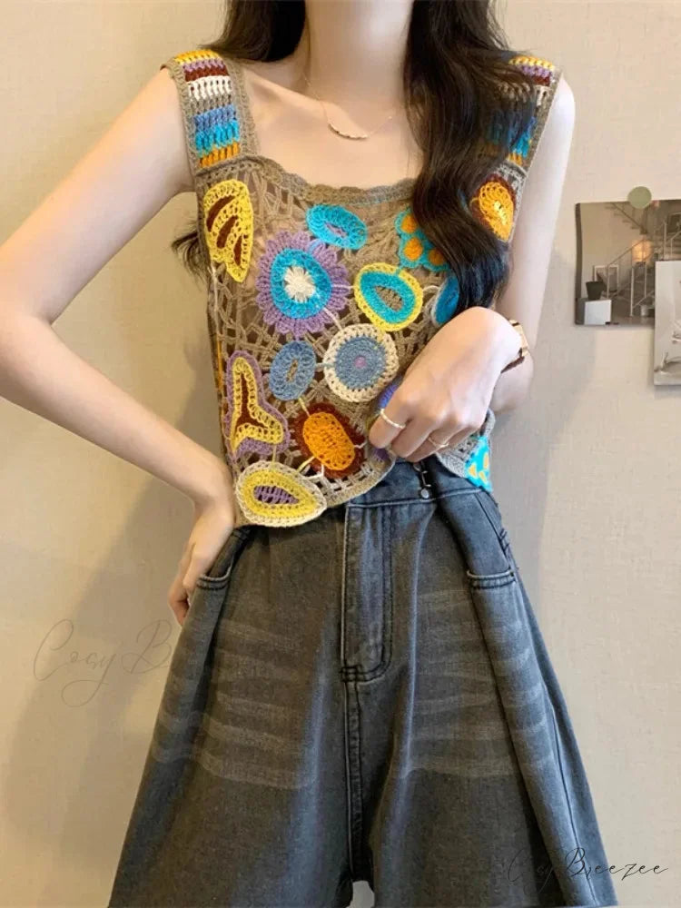 Crochet Multicolor Embroidery Floral Crop Top croptop-250126