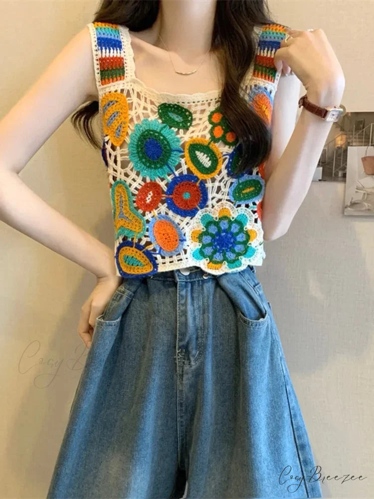 Crochet Multicolor Embroidery Floral Crop Top croptop-250126