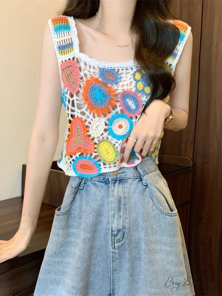 Crochet Multicolor Embroidery Floral Crop Top WHITE / One Size croptop-250126