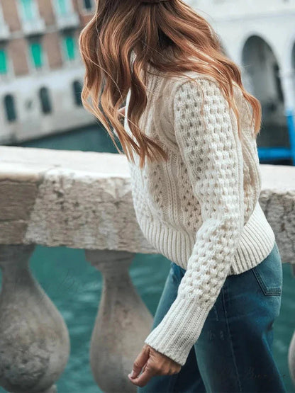 Crochet Round Neck Long Sleeve Sweater swraters-241228