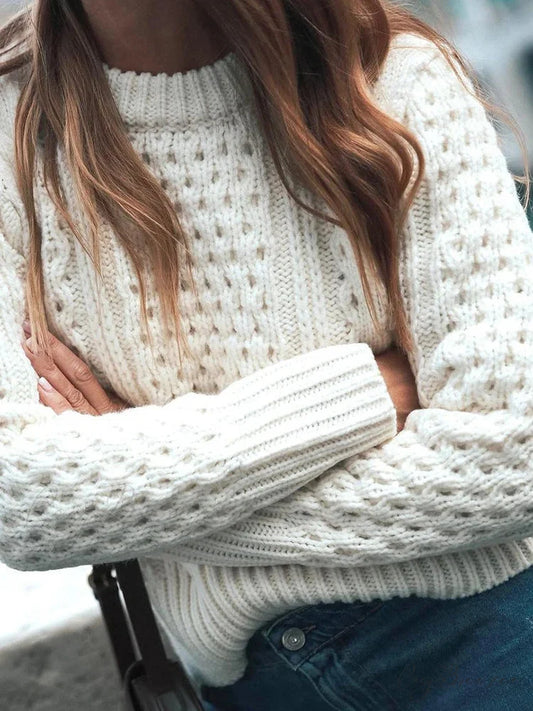Crochet Round Neck Long Sleeve Sweater swraters-241228