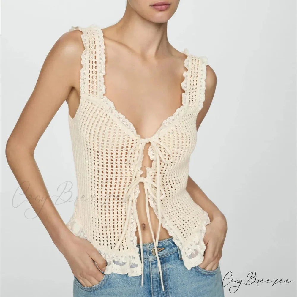 Crochet Tie-Front Knit Crop Top Beige / S croptop-250223