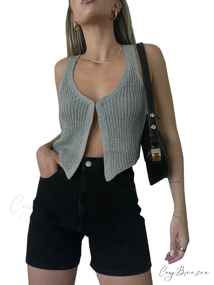 Crochet V-Neck Solid Crop Top grey / S croptop-250223