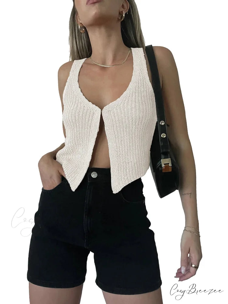 Crochet V-Neck Solid Crop Top white / S croptop-250223