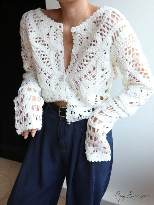 Crocheted Hollow Graceful Beaded Button Cardigan White / S