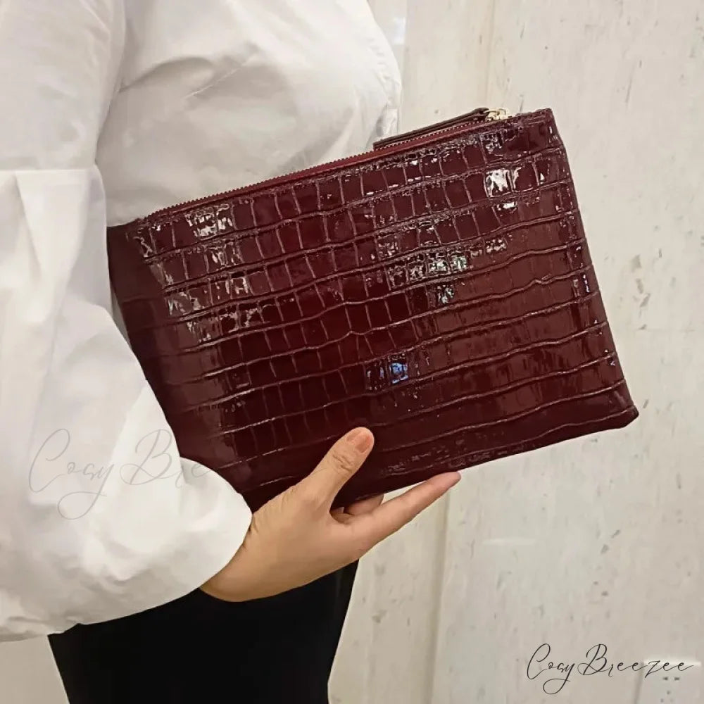 Crocodile Pattern Large Evening Clutch Burgundy wristlet-250126
