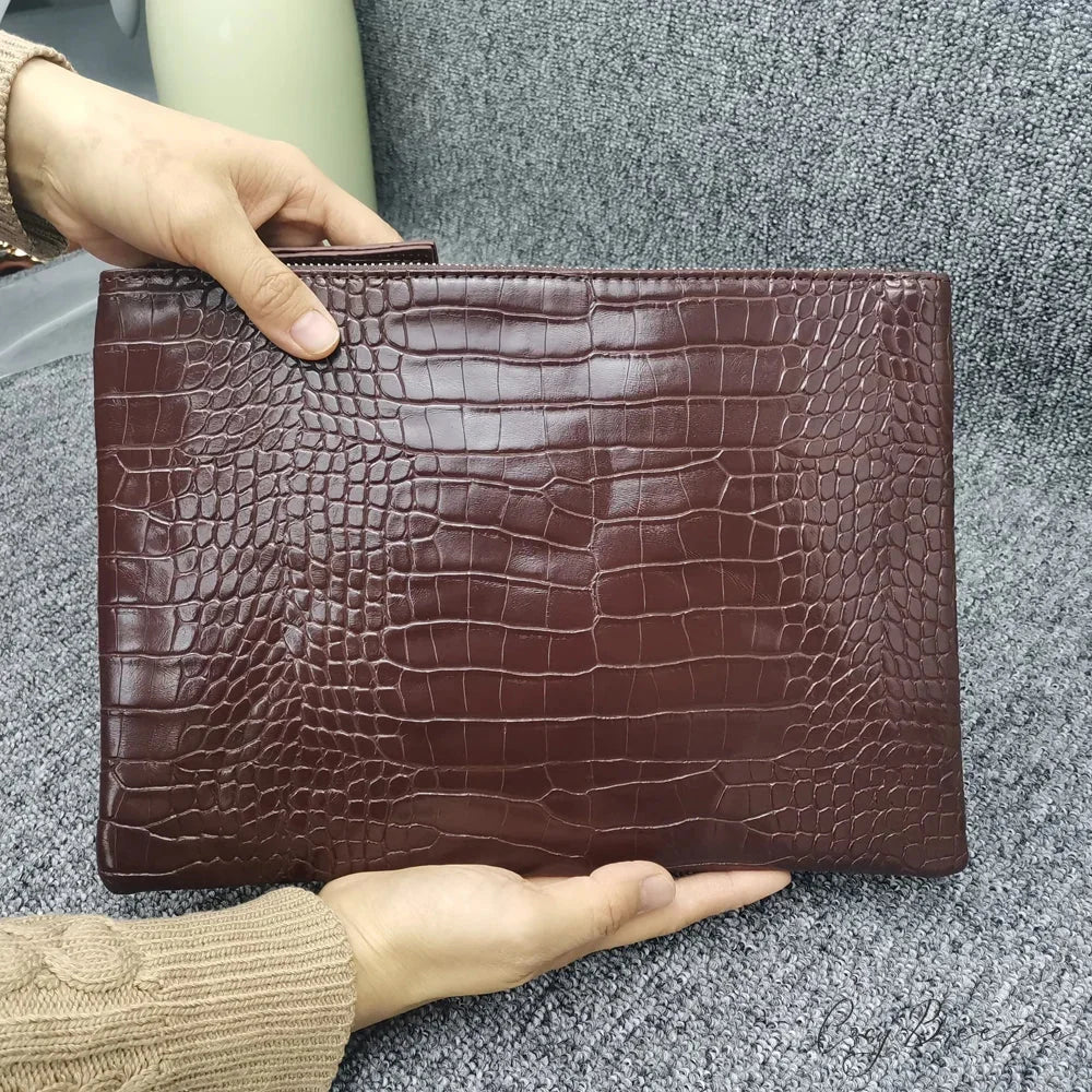 Crocodile Pattern Large Evening Clutch Chocolate wristlet-250126
