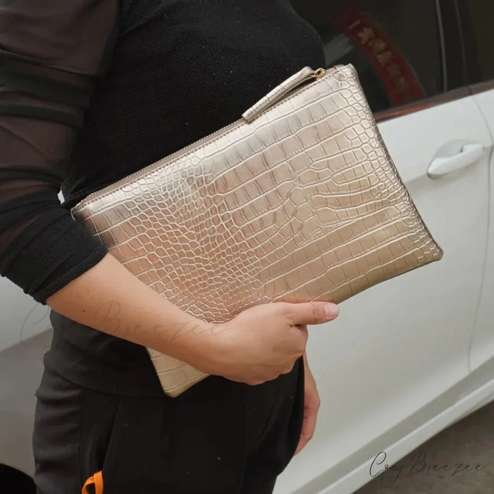 Crocodile Pattern Large Evening Clutch Gold wristlet-250126