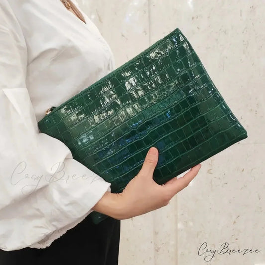 Crocodile Pattern Large Evening Clutch Green wristlet-250126