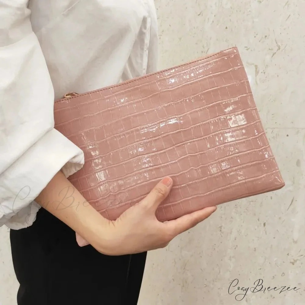 Crocodile Pattern Large Evening Clutch Pink wristlet-250126