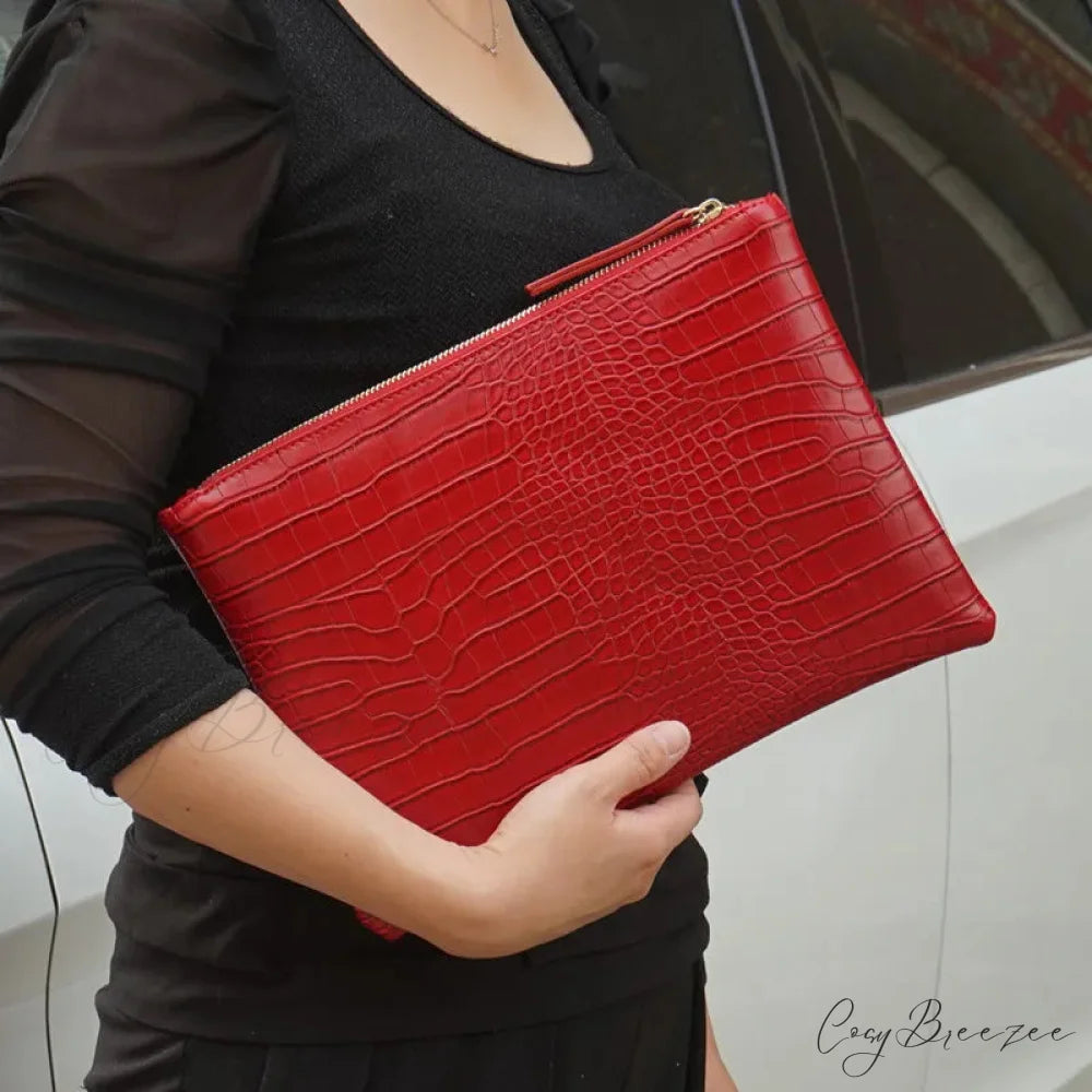 Crocodile Pattern Large Evening Clutch Red wristlet-250126