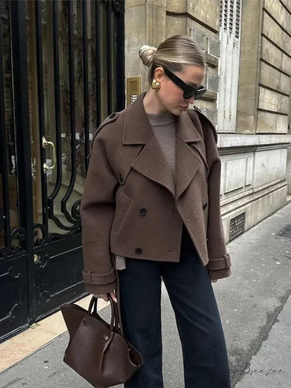 Cropped Belt Wool Blend Lapel Coat Coffee / S overcoats-241228