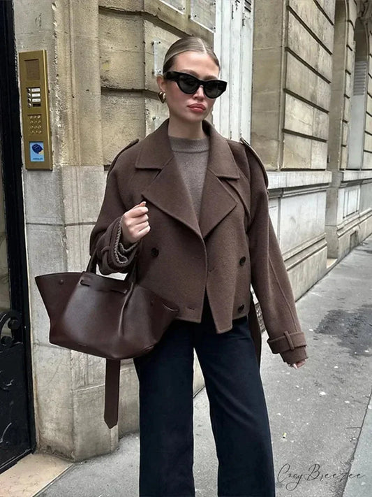 Cropped Belt Wool Blend Lapel Coat overcoats-241228