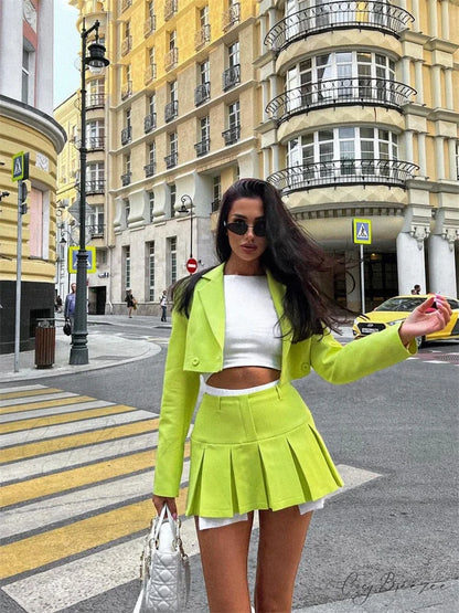 Cropped Blazer And Charming Pleated Mini Skirt Set