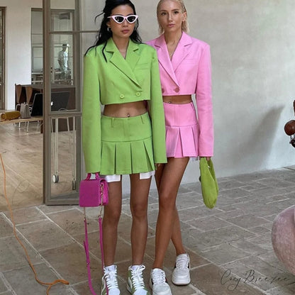 Cropped Blazer And Charming Pleated Mini Skirt Set