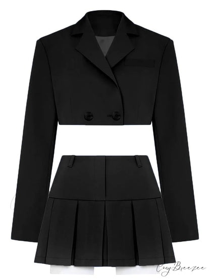 Cropped Blazer And Charming Pleated Mini Skirt Set Black Suit / S