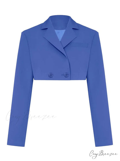 Cropped Blazer And Charming Pleated Mini Skirt Set Only Blue Coat / S