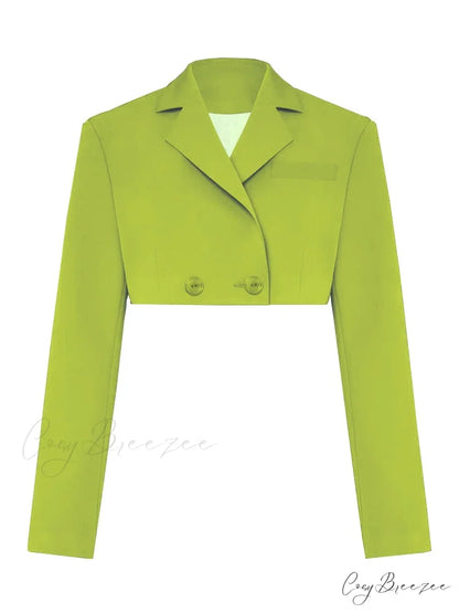 Cropped Blazer And Charming Pleated Mini Skirt Set Only Green Coat / S