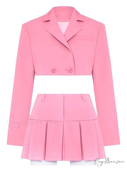 Cropped Blazer And Charming Pleated Mini Skirt Set Pink Suit / S