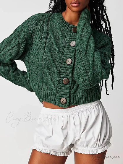 Cropped Cable Knit Button-Down Cardigan green / S cardigans-241228