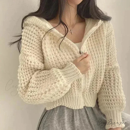Cropped Hooded Hollow Out Knit Cardigan WHITE / S cardiagn-250126