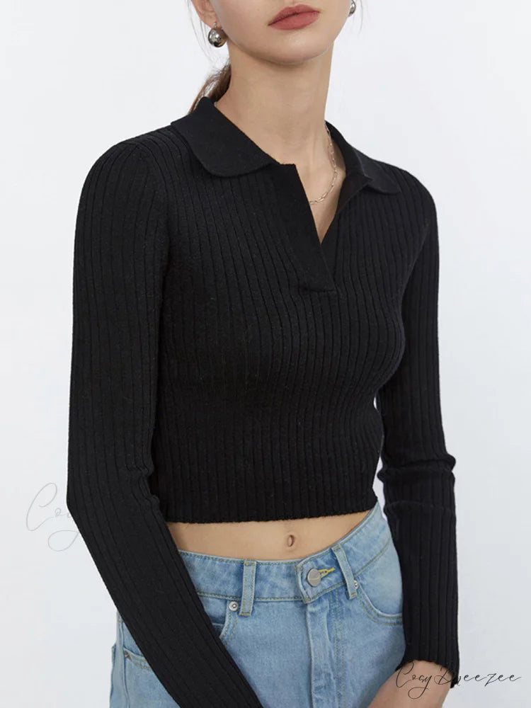 Cropped Knit Graceful Polo Shirt