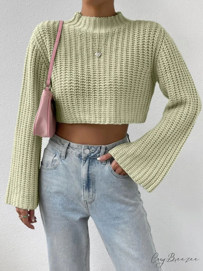 Cropped Long Neck Mock Arm Sweater Light Green / S