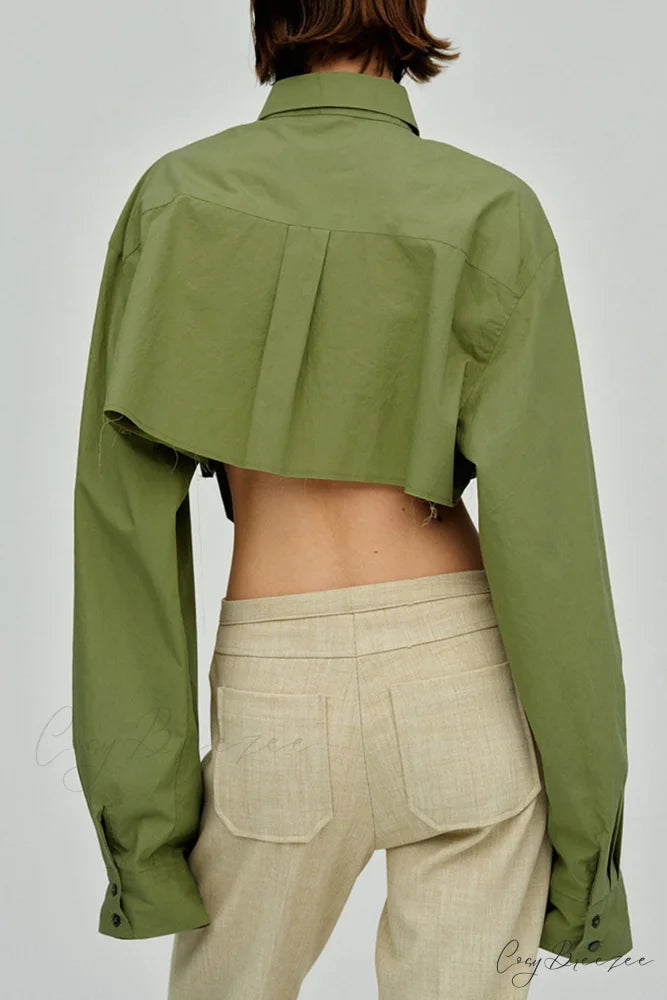 Cropped Shirt with Lapel Patch Pocket Green / L