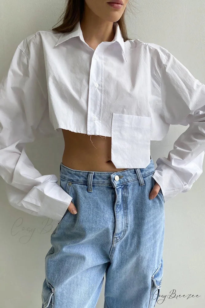 Cropped Shirt with Lapel Patch Pocket White / S