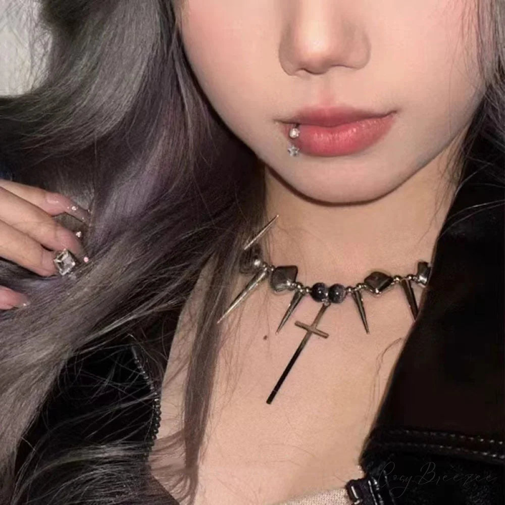 Cross Rivet Exaggerated Punk Y2K Necklace SILVER