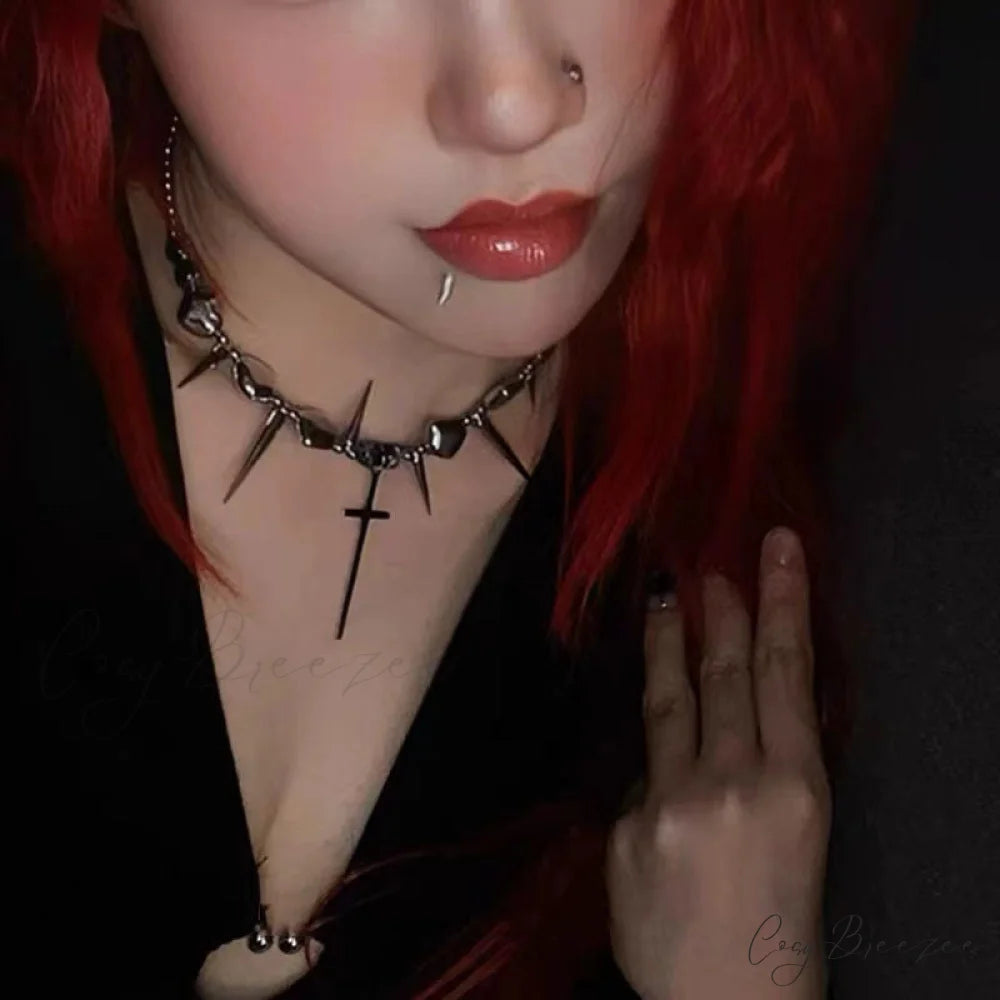 Cross Rivet Exaggerated Punk Y2K Necklace SILVER