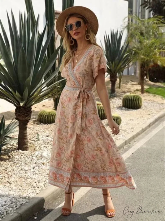 Cross V-neck Ruffles Boho Pleated Dress bohodress-250126