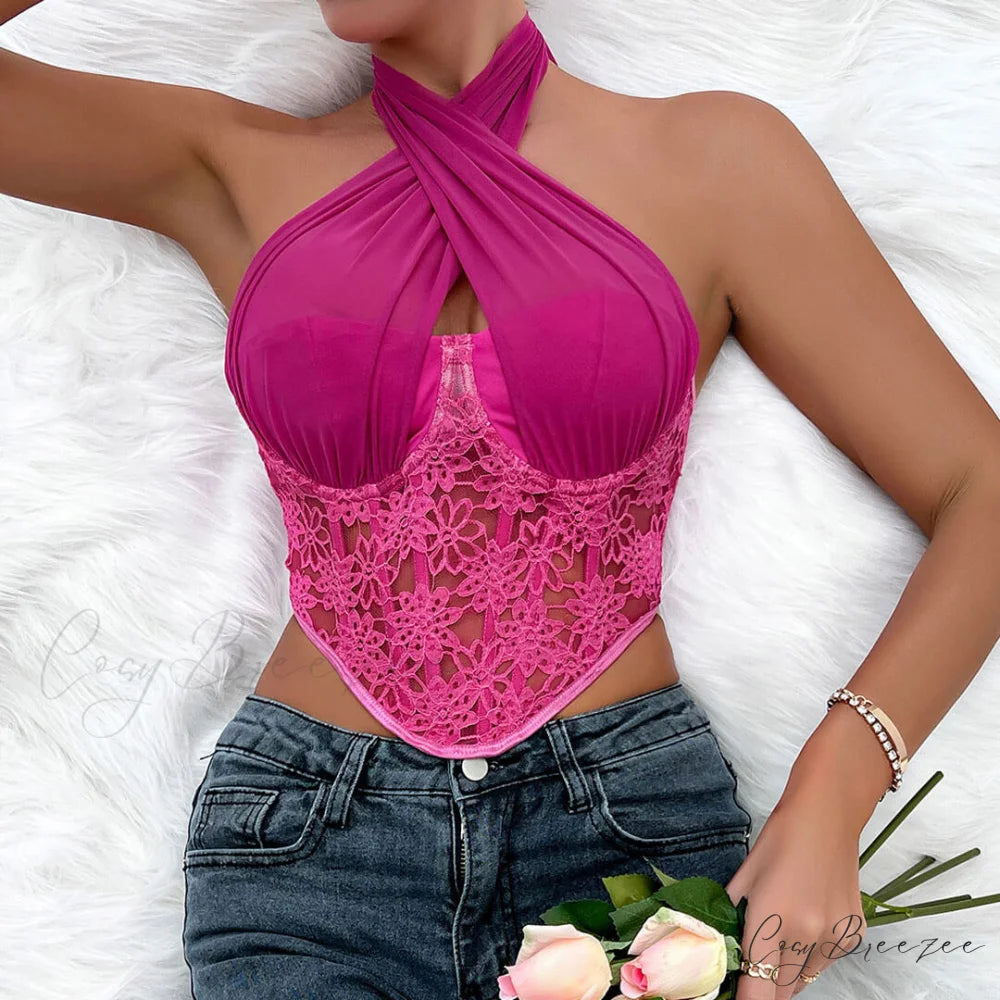 Crossed Halter Neck Lace Floral Classic Mesh Cropped Corset Top - Black M / Rose