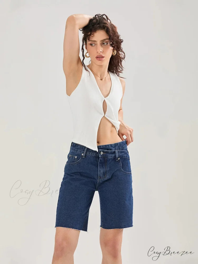 Crossover Asymmetrical Denim Shorts short-250223