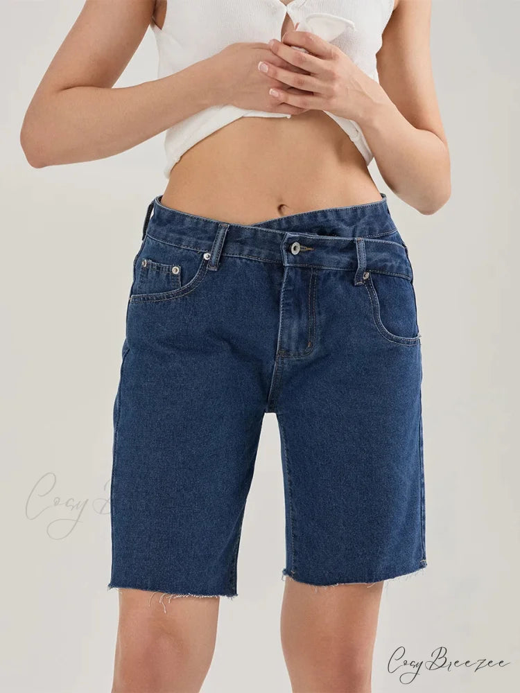 Crossover Asymmetrical Denim Shorts short-250223