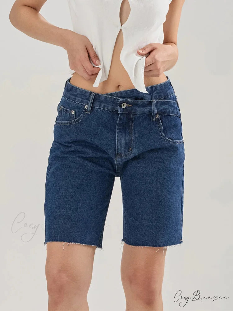 Crossover Asymmetrical Denim Shorts short-250223