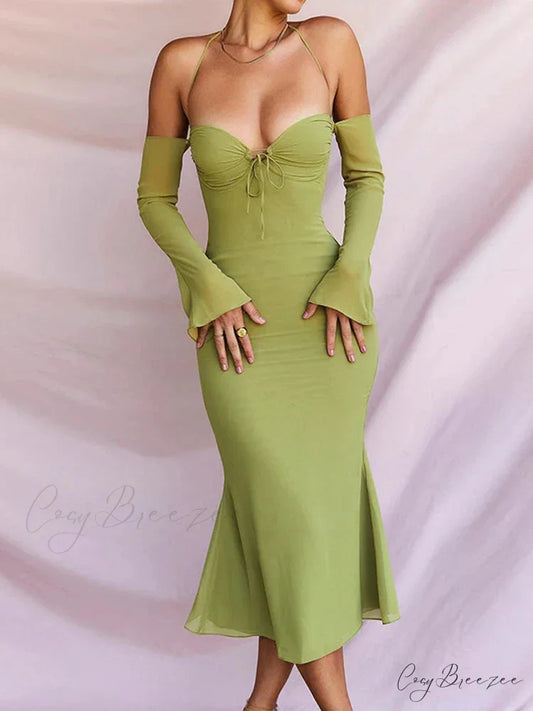 Cryptographic Green Mesh Sheer Midi Dress
