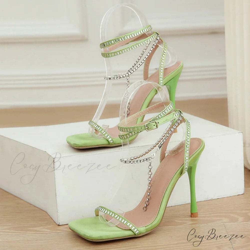 Crystal Chain Ankle-Strap Square-Toe Sexy Party Wedding Rhinestone Summer High Heel