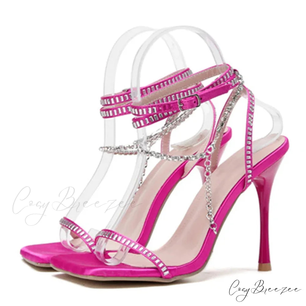 Crystal Chain Ankle-Strap Square-Toe Sexy Party Wedding Rhinestone Summer High Heel Mei red / 35