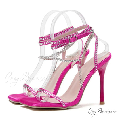 Crystal Chain Ankle-Strap Square-Toe Sexy Party Wedding Rhinestone Summer High Heel Mei red / 35