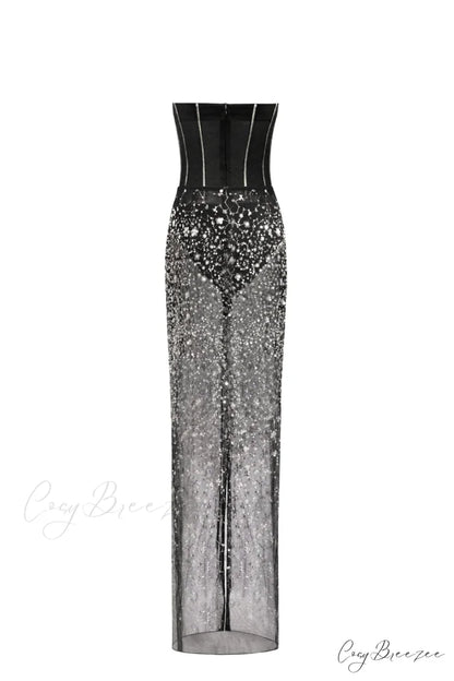 Crystal-Covered Fabulous Stylish Black Maxi Dress