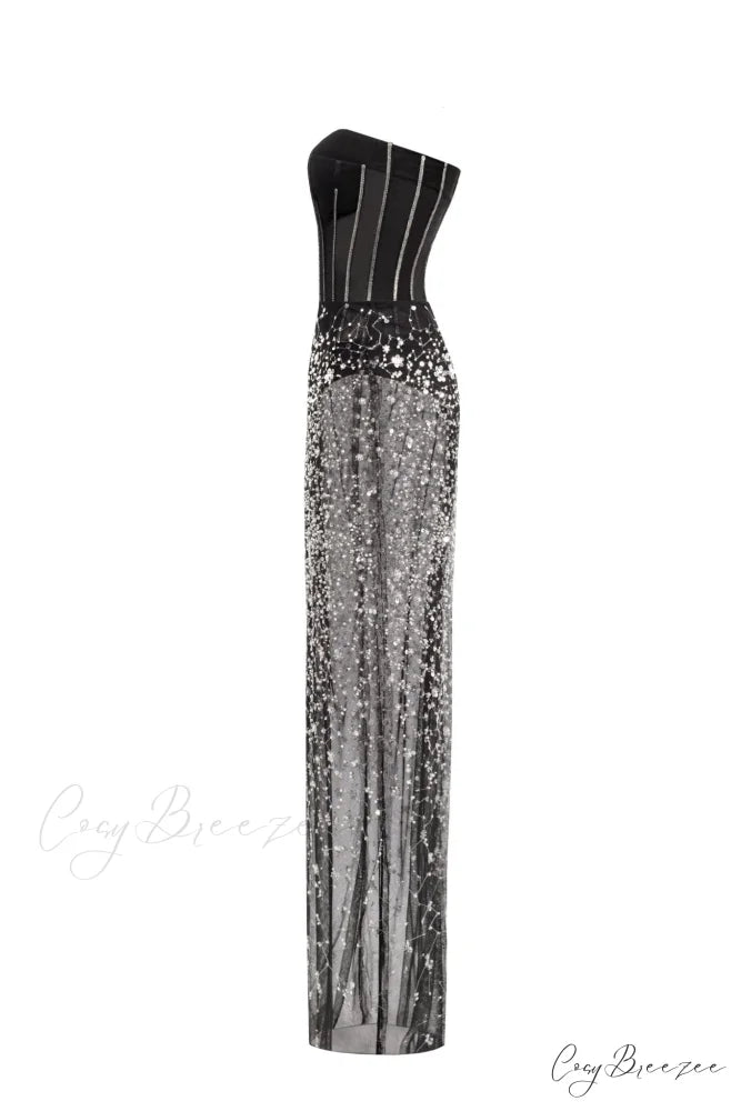 Crystal-Covered Fabulous Stylish Black Maxi Dress