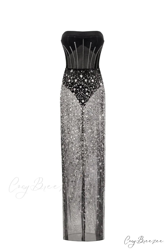 Crystal-Covered Fabulous Stylish Black Maxi Dress XXS / Black