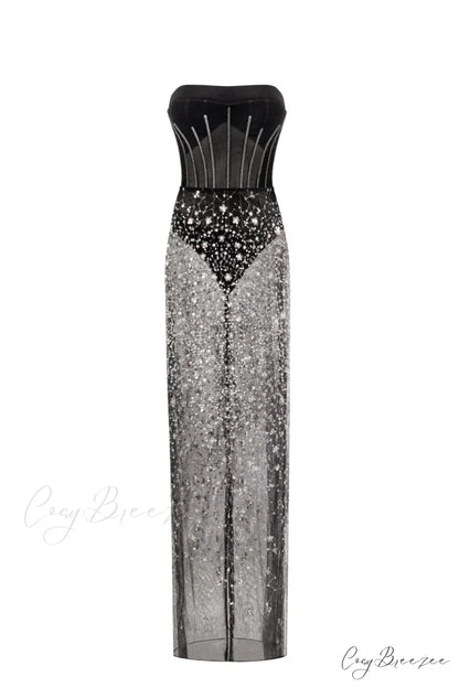 Crystal-Covered Fabulous Stylish Black Maxi Dress XXS / Black