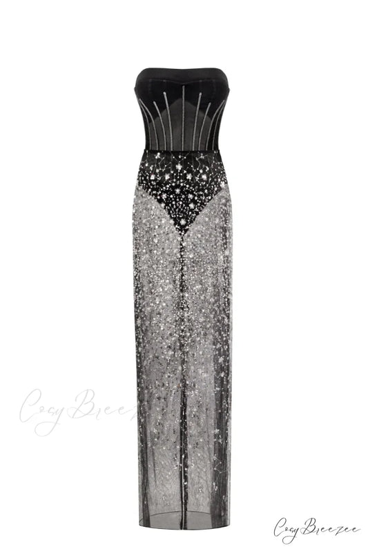 Crystal-Covered Fabulous Stylish Black Maxi Dress XXS / Black