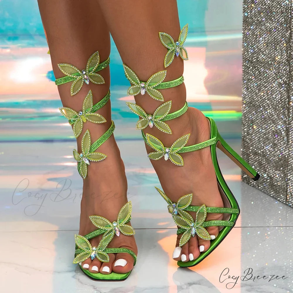 CrystalFashion Elegant Green Square-Toe Wedding Banquet Sexy Butterfly Ankle-Strap Sandals High Heel Green / 36